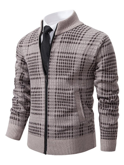 Men's Fashionable Plaid Design Warm Zipper Sweater Jacket