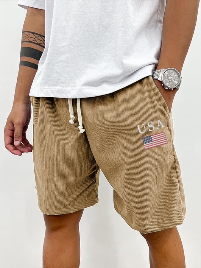 Men's Vintage Corduroy Independence Day Embroidered Casual Shorts