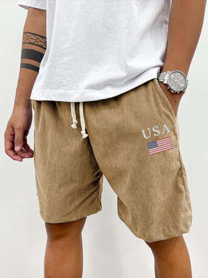 Men's Vintage Corduroy Independence Day Embroidered Casual Shorts