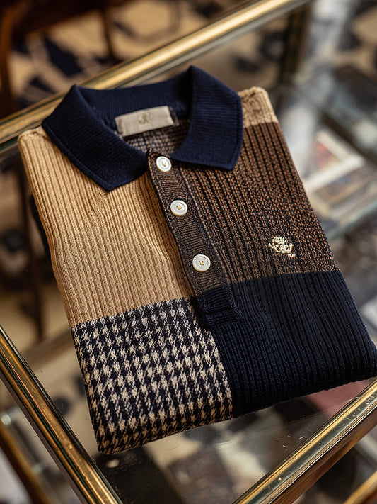 Men's Check Business Casual Short Sleeve Ribbed Knitting Polo Shirt