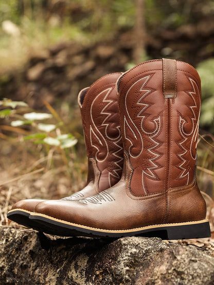 Men's High-Top Embroidered Vintage Wide-Toe Western Cowboy Boots