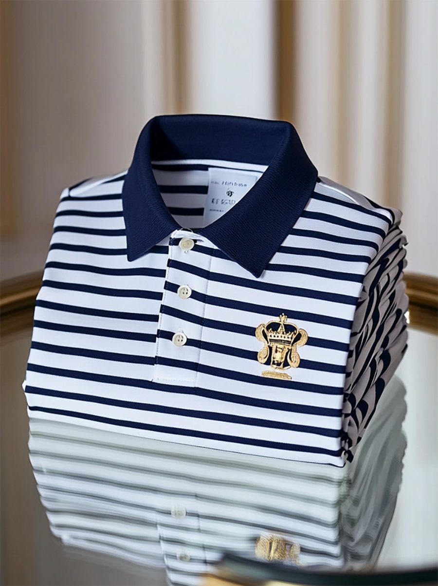 Men's Business Casual Striped Logo Button Short Sleeve Polo Shirt