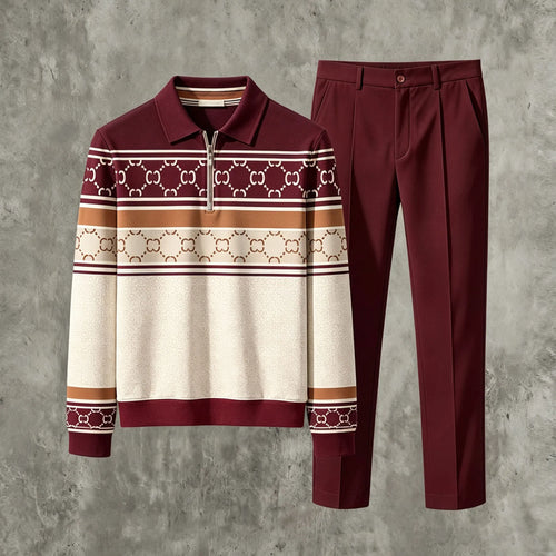 Men's Printed Zipper Polo Shirt and Pants Set