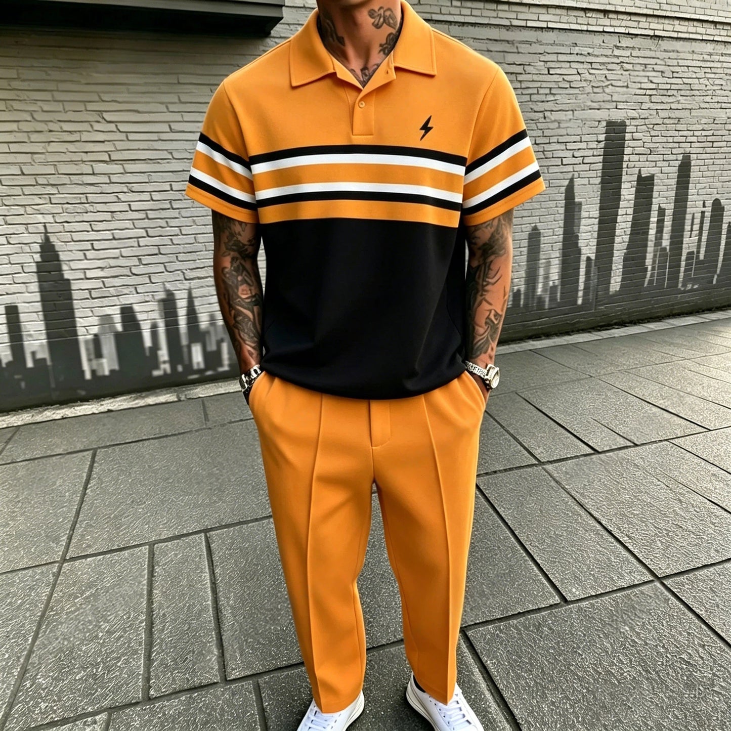 Men's Casual Orange Stripes Printed Polo Shirt And Pants Two-Piece Set