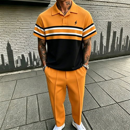Men's Casual Orange Stripes Printed Polo Shirt And Pants Two-Piece Set