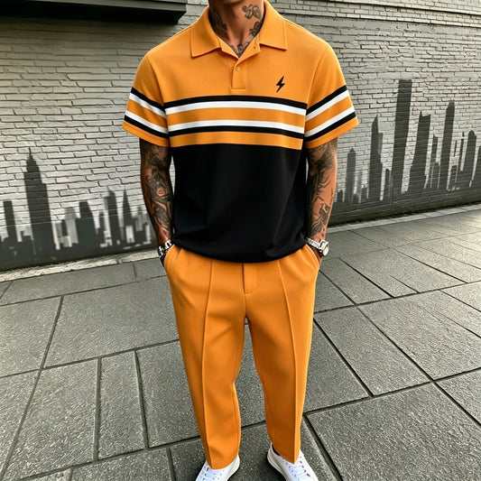 Men's Casual Orange Stripes Printed Polo Shirt And Pants Two-Piece Set