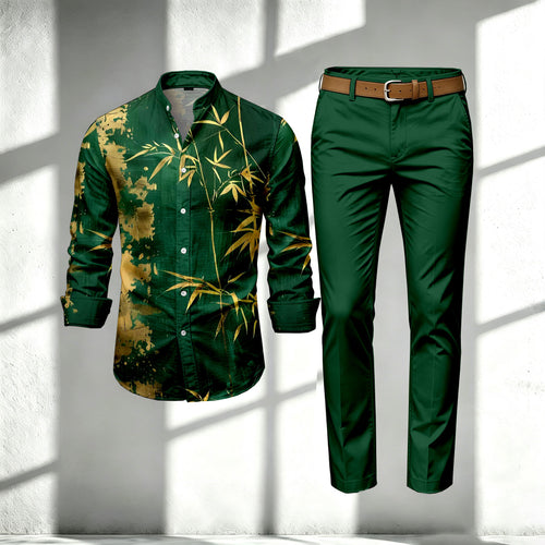 Men's Green Stand-Collar Long-Sleeve Shirt and Pants Set