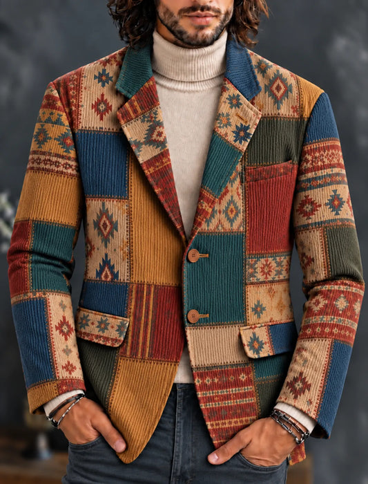 Men's Vintage Ethnic Pattern Color-block Print Casual Corduroy Blazer