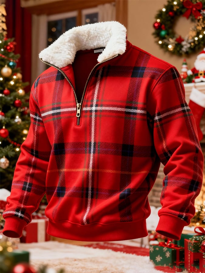 Men's Retro Color Block Print Christmas Fur Collar Sweatshirt