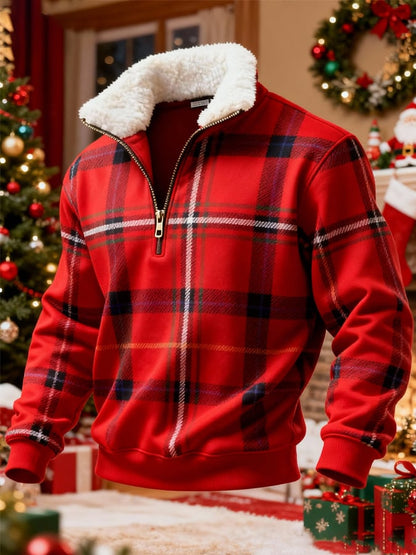 Men's Retro Color Block Print Christmas Fur Collar Sweatshirt