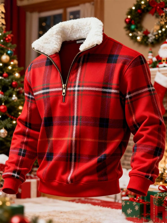 Men's Retro Color Block Print Christmas Fur Collar Sweatshirt