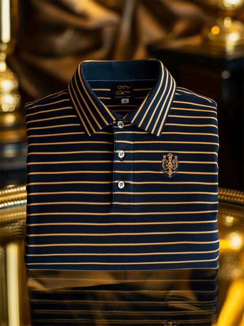 Men's Business Casual Striped Logo Button Short Sleeve Polo Shirt