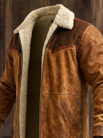 Men's Vintage Distressed Suede and Lambskin Long Coat