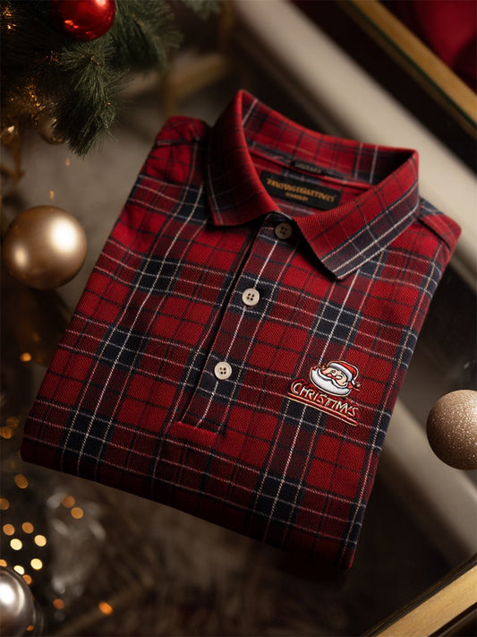 Men's Christmas Plaid Long Sleeve Polo Shirt