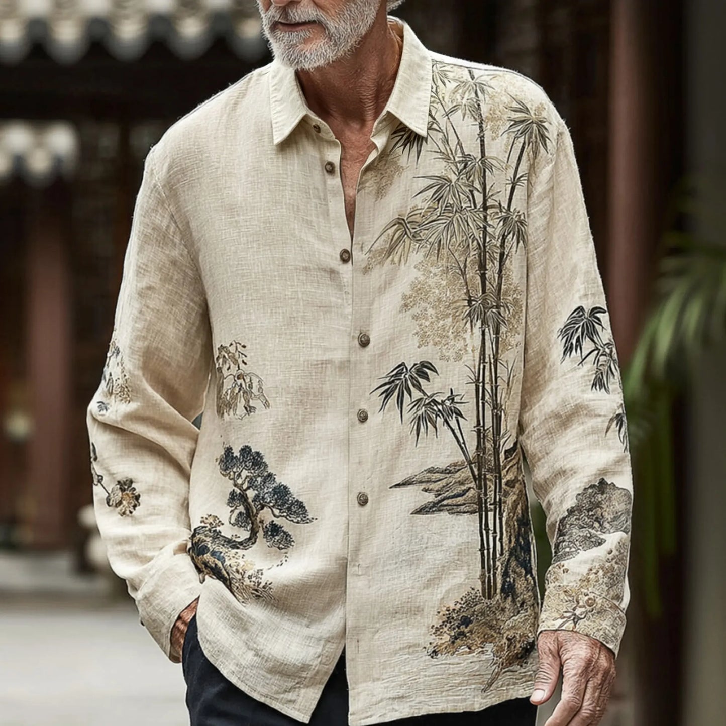 Men's Retro Japanese Bamboo Print Casual Cotton Linen Long-sleeved Shirt