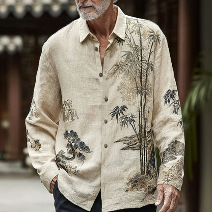 Men's Retro Japanese Bamboo Print Casual Cotton Linen Long-sleeved Shirt