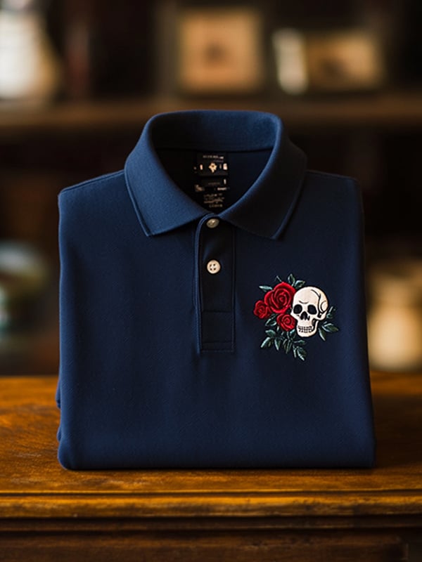 Men's Classic Business Skull Rose Logo Short Sleeve Polo Shirt
