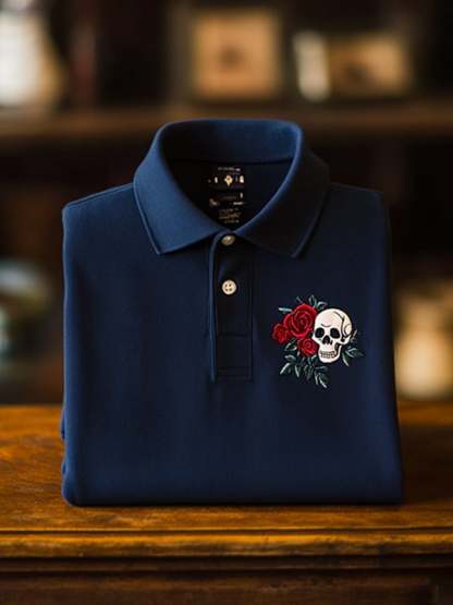 Men's Classic Business Skull Rose Logo Short Sleeve Polo Shirt