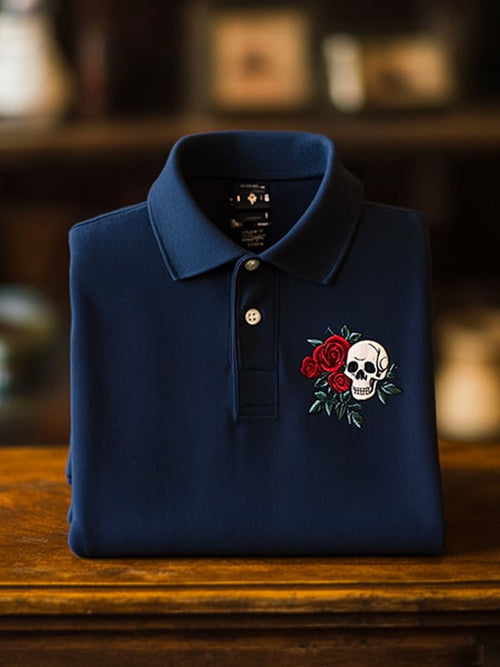 Men's Classic Business Skull Rose Logo Short Sleeve Polo Shirt