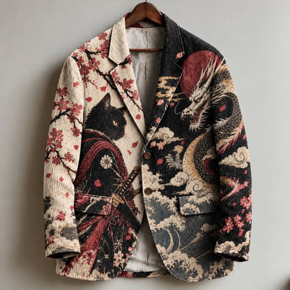 Men's Retro Japanese Art Black Cat Samurai And Dragon Print Casual Blazer