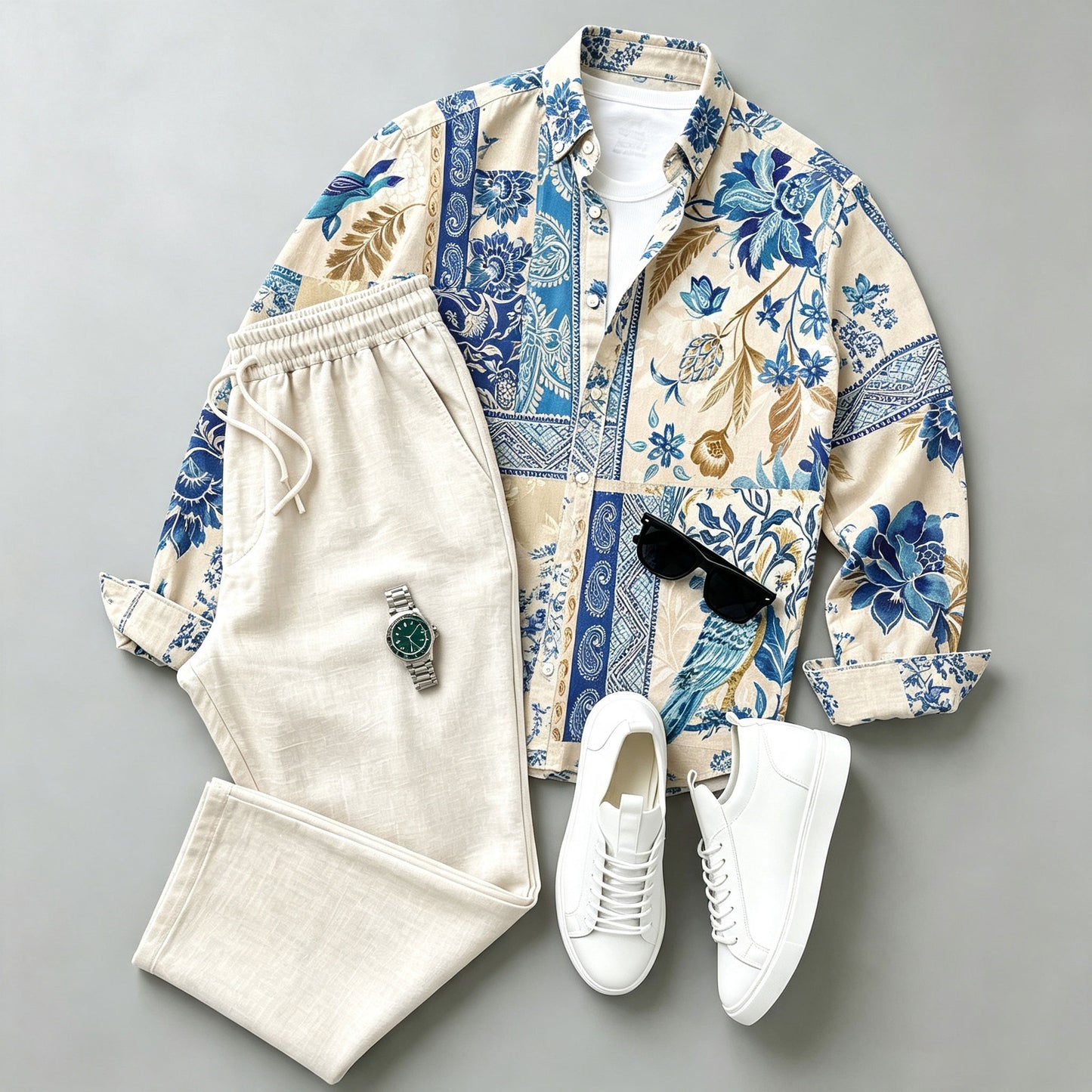 Men's Floral-Print Long-Sleeve Shirt and Pants Set
