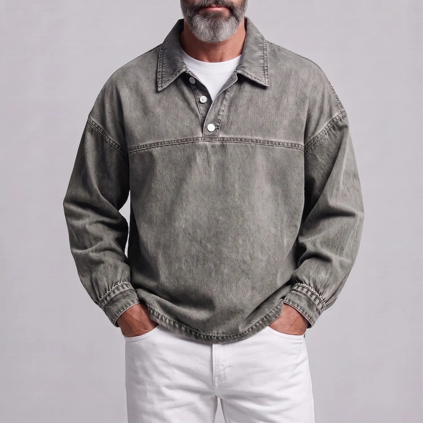 Men's Retro Solid Color Turndown Collar Button Half Placket Casual Sweatshirt