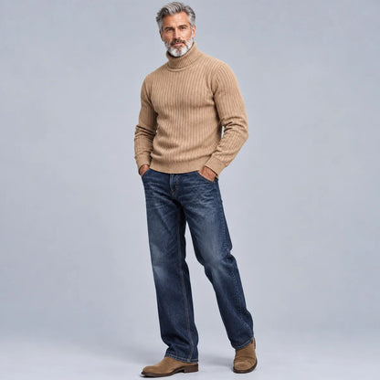 Men's Casual Solid Color Turtleneck Ribbed Knit Slim-Fit Pullover Sweater