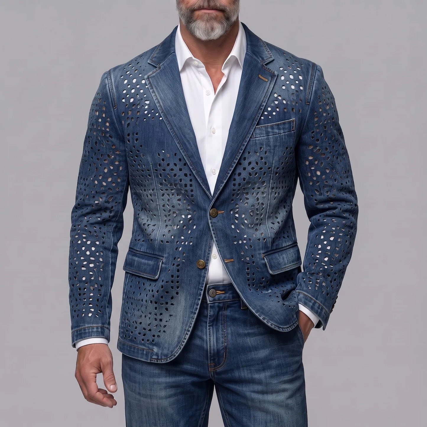 Men's Retro Distressed Denim Hollow Out Notch Lapel Single Breasted Blazer
