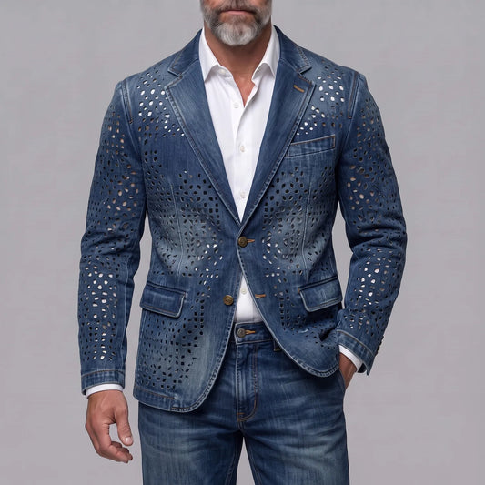Men's Retro Distressed Denim Hollow Out Notch Lapel Single Breasted Blazer