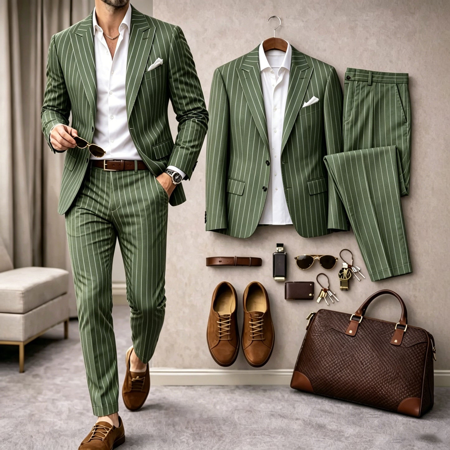 Men's Business Striped Long-Sleeve Shirt and Long Pants Two-Piece Suit