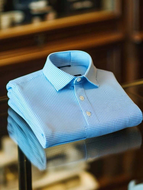 Men's Business Casual Plaid Logo Button Short Sleeve Polo Shirt