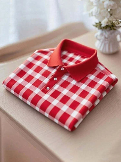 Men's Business Casual Red Plaid Logo Button Short Sleeve Polo Shirt