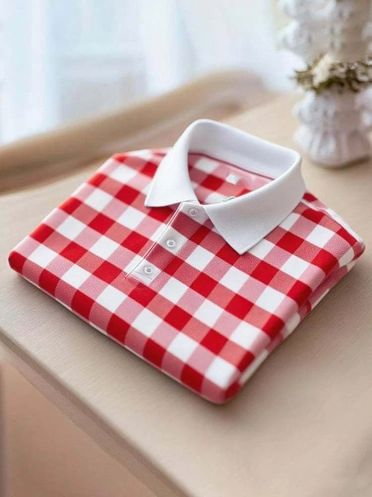 Men's Business Casual Red Plaid Logo Button Short Sleeve Polo Shirt