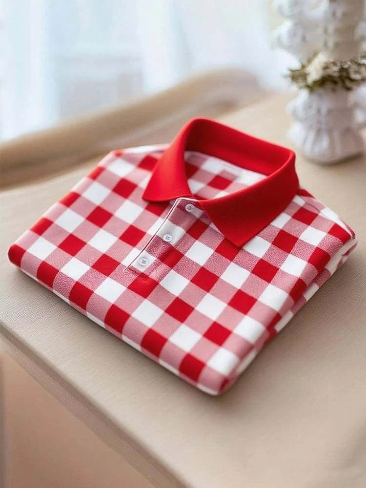 Men's Business Casual Red Plaid Logo Button Short Sleeve Polo Shirt