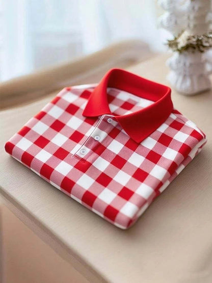 Men's Business Casual Red Plaid Logo Button Short Sleeve Polo Shirt