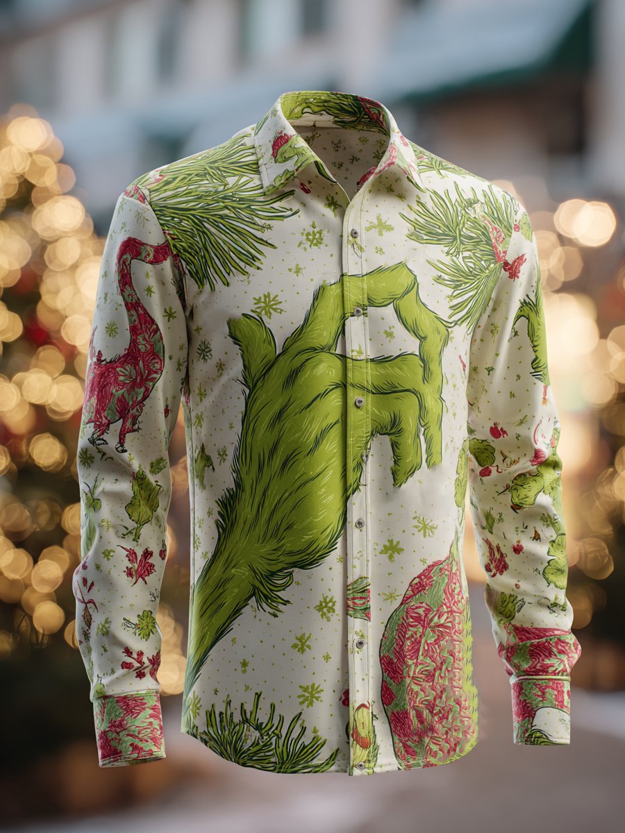 Blast! Men's Business Christmas Green Print Long-Sleeve Shirt