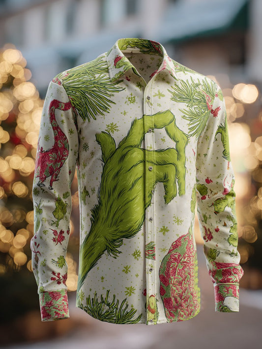 Blast! Men's Business Christmas Green Print Long-Sleeve Shirt