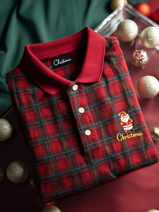 Men's Christmas Plaid Long Sleeve Polo Shirt