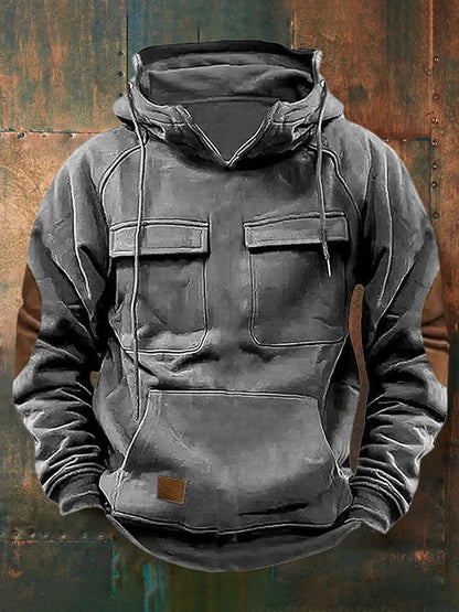 Men's Retro Western Multi-Pocket Drawstring Sweatshirt