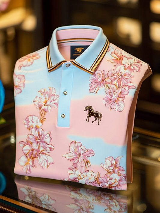 Men's Business Casual Floral Print Pony Logo Button Short Sleeve Polo Shirt
