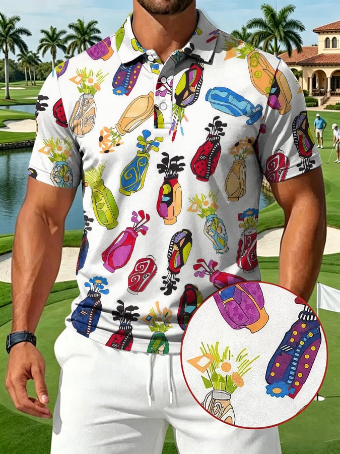 Vibrant Golf Print Short Sleeve Men's Printed Casual Polo Shirt
