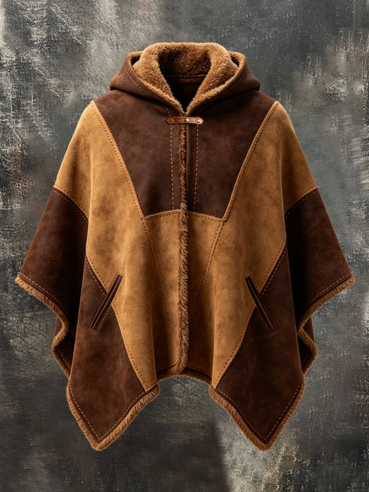 Men's Vintage Faux Suede Color-Block Fleece-Lined Warm Cape/Poncho