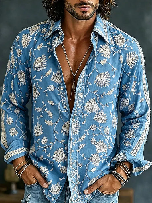 Men's Flower Art Print Long Sleeve Shirt