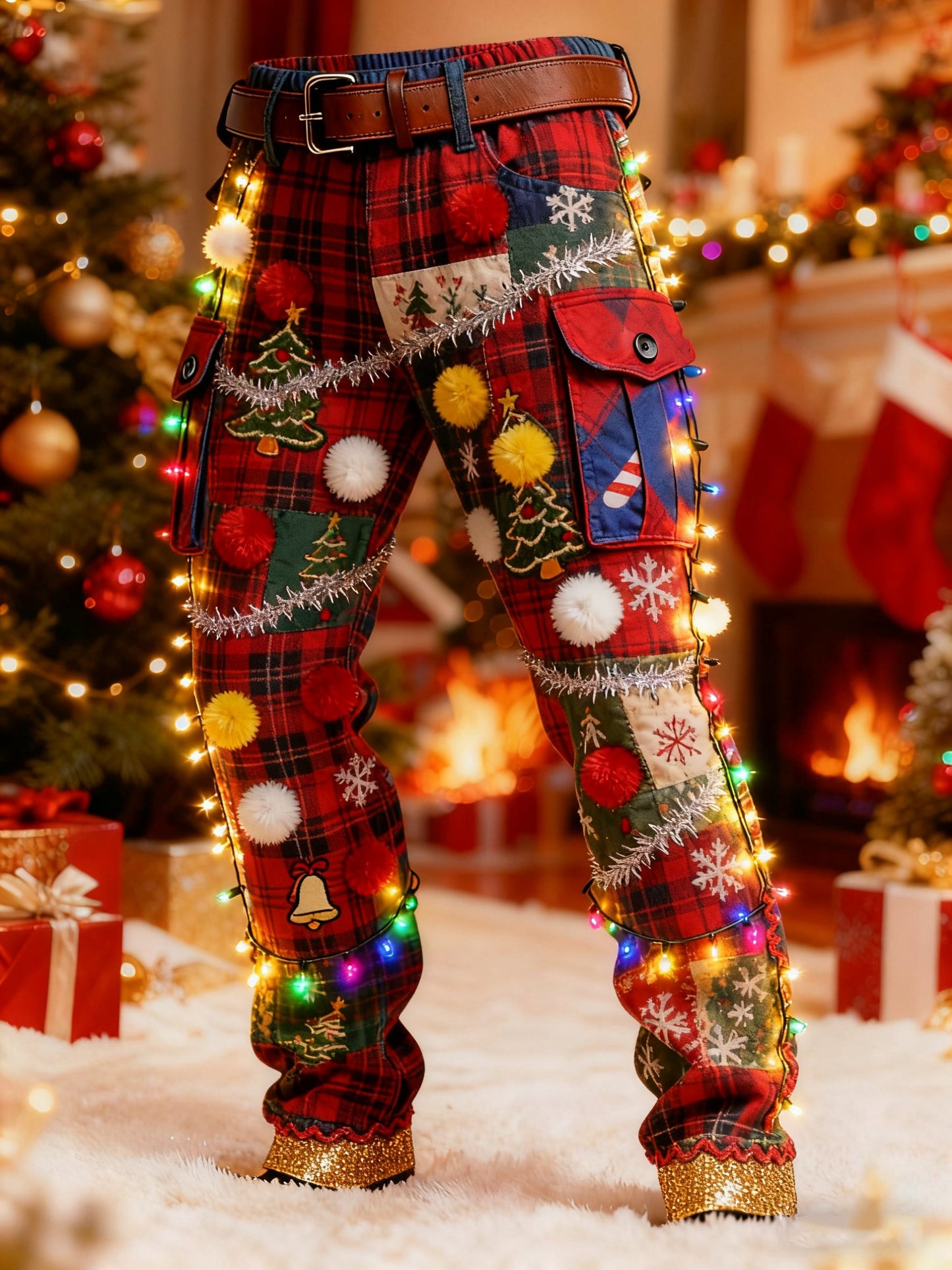 Men's Christmas Bells Holly Berries Candy Cane Plaid Printed Cargo Pants