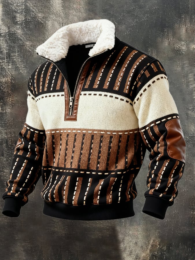 Men's Retro Color Block Print Casual Fur Collar Sweatshirt