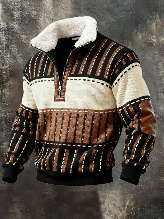 Men's Retro Color Block Print Casual Fur Collar Sweatshirt