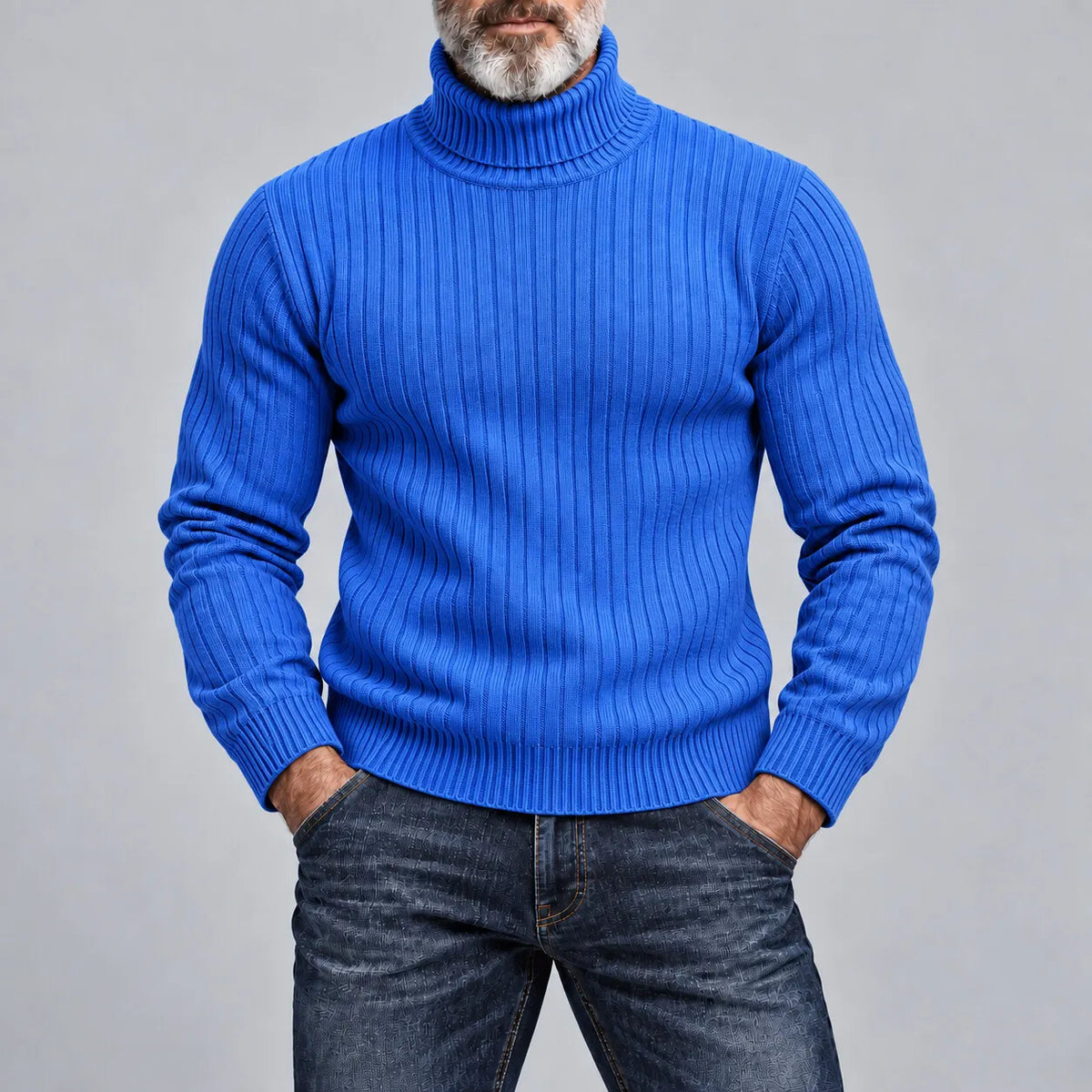 Men's Casual Solid Color Turtleneck Ribbed Knit Slim-Fit Pullover Sweater