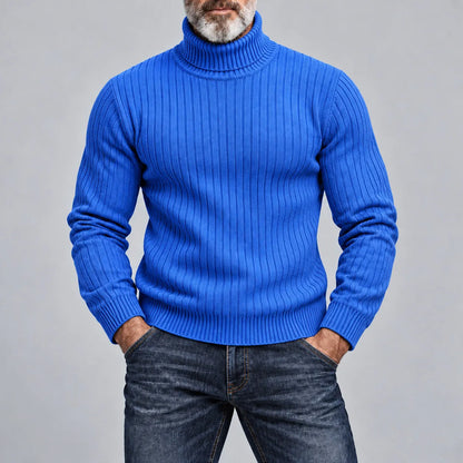 Men's Casual Solid Color Turtleneck Ribbed Knit Slim-Fit Pullover Sweater
