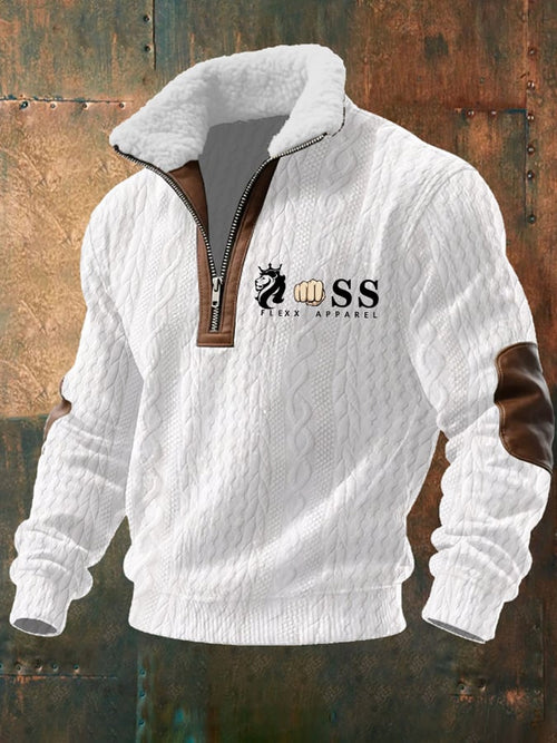 Men's Retro Letter Design Jacquard Fabric Zipper Fur Collar Long-Sleeved Sweatshirt