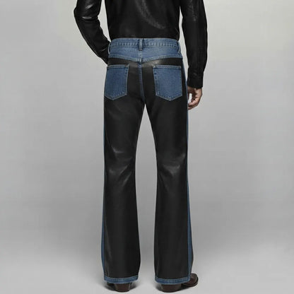 Men's Black PU Leather Denim Splicing Multi-Button Straight Leg Pants